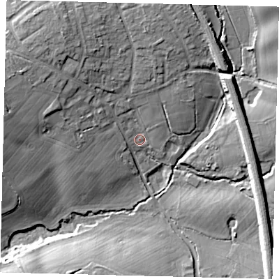 Shaded relief map of the ground around AL97PF, computed from Environment Agency LiDAR. The ground here sits at about 84 m above sea level and falls 18 m across the surrounding 800 m. Surface water reaching this point runs off ground lying to the north-west, 10.3 m higher.