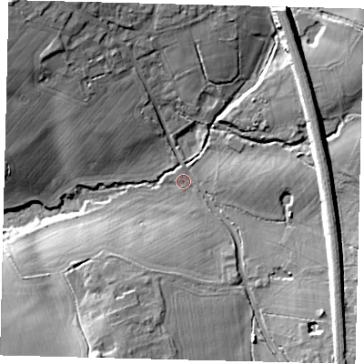 Shaded relief map of the ground around AL97SW, computed from Environment Agency LiDAR. The ground here sits at about 80 m above sea level and falls 18 m across the surrounding 800 m. Surface water reaching this point runs off ground lying to the north-west, 11.7 m higher.