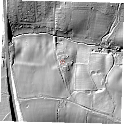 Shaded relief map of the ground around AL97SX, computed from Environment Agency LiDAR. The ground here sits at about 93 m above sea level and falls 33 m across the surrounding 800 m. Surface water reaching this point runs off ground lying to the south-south-east, 14.2 m higher.