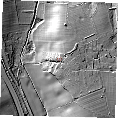 Shaded relief map of the ground around AL97TD, computed from Environment Agency LiDAR. The ground here sits at about 93 m above sea level and falls 25 m across the surrounding 800 m. Surface water reaching this point runs off ground lying to the south-east, 5.1 m higher.