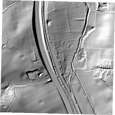 Shaded relief map of the ground around AL97TG, computed from Environment Agency LiDAR. The ground here sits at about 81 m above sea level and falls 41 m across the surrounding 800 m. Surface water reaching this point runs off ground lying to the west, 2.5 m higher.