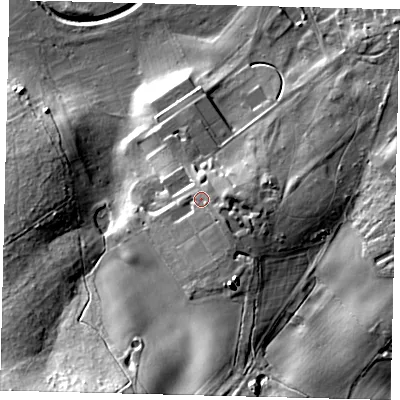 Shaded relief map of the ground around AL97TR, computed from Environment Agency LiDAR. The ground here sits at about 86 m above sea level and falls 33 m across the surrounding 800 m. Surface water reaching this point runs off ground lying to the south-east, 3.2 m higher.