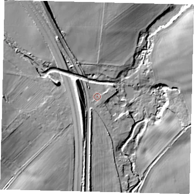 Shaded relief map of the ground around AL97TS, computed from Environment Agency LiDAR. The ground here sits at about 76 m above sea level and falls 13 m across the surrounding 800 m. Surface water reaching this point runs off ground lying to the west-north-west, 6.7 m higher.