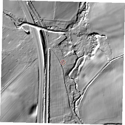 Shaded relief map of the ground around AL97TT, computed from Environment Agency LiDAR. The ground here sits at about 76 m above sea level and falls 14 m across the surrounding 800 m. Surface water reaching this point runs off ground lying to the south-south-west, 3.8 m higher.