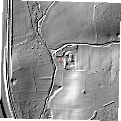 Shaded relief map of the ground around AL97TU, computed from Environment Agency LiDAR. The ground here sits at about 77 m above sea level and falls 23 m across the surrounding 800 m. Surface water reaching this point runs off ground lying to the east-south-east, 9.8 m higher.