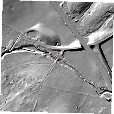 Shaded relief map of the ground around AL97TW, computed from Environment Agency LiDAR. The ground here sits at about 74 m above sea level and falls 22 m across the surrounding 800 m. Surface water reaching this point runs off ground lying to the east-north-east, 12.2 m higher.