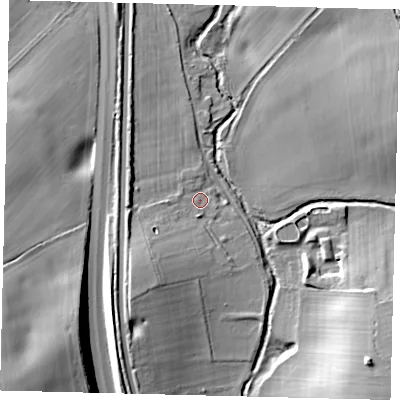 Shaded relief map of the ground around AL97TX, computed from Environment Agency LiDAR. The ground here sits at about 76 m above sea level and falls 24 m across the surrounding 800 m. Surface water reaching this point runs off ground lying to the south-west, 10.3 m higher.
