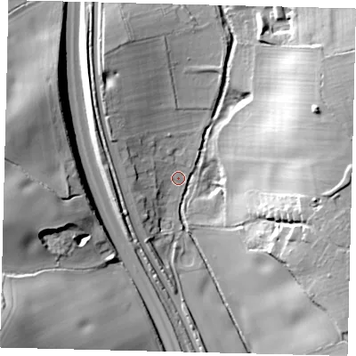 Shaded relief map of the ground around AL97TY, computed from Environment Agency LiDAR. The ground here sits at about 77 m above sea level and falls 34 m across the surrounding 800 m. Surface water reaching this point runs off ground lying to the east-south-east, 21.1 m higher.
