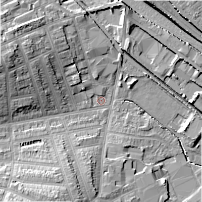 Shaded relief map of the ground around B111QG, computed from Environment Agency LiDAR. The ground here sits at about 113 m above sea level and falls 19 m across the surrounding 800 m. Surface water reaching this point runs off ground lying to the west-north-west, 13.9 m higher.