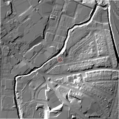 Shaded relief map of the ground around B112HX, computed from Environment Agency LiDAR. The ground here sits at about 112 m above sea level and falls 18 m across the surrounding 800 m. Surface water reaching this point runs off ground lying to the north-north-east, 2.9 m higher.