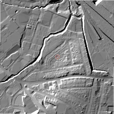 Shaded relief map of the ground around B112JA, computed from Environment Agency LiDAR. The ground here sits at about 113 m above sea level and falls 18 m across the surrounding 800 m. Surface water reaching this point runs off ground lying to the east-south-east, 4.7 m higher.