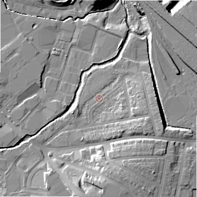 Shaded relief map of the ground around B112JB, computed from Environment Agency LiDAR. The ground here sits at about 113 m above sea level and falls 17 m across the surrounding 800 m. Surface water reaching this point runs off ground lying to the east-south-east, 7.5 m higher.