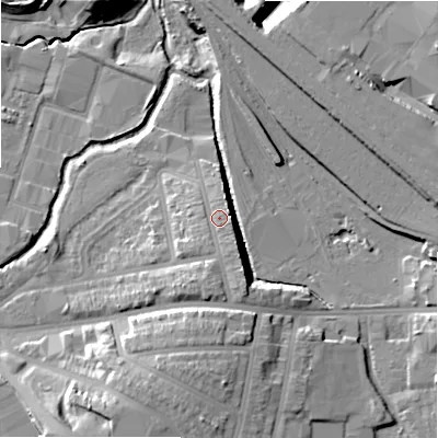 Shaded relief map of the ground around B112JH, computed from Environment Agency LiDAR. The ground here sits at about 119 m above sea level and falls 17 m across the surrounding 800 m. Surface water reaching this point runs off ground lying to the south-south-east, 4.0 m higher.