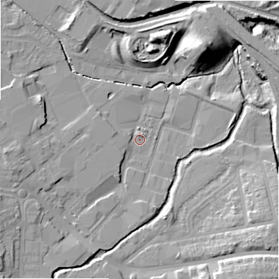Shaded relief map of the ground around B112LA, computed from Environment Agency LiDAR. The ground here sits at about 111 m above sea level and falls 20 m across the surrounding 800 m. Surface water reaching this point runs off ground lying to the west-south-west, 6.1 m higher.