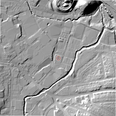 Shaded relief map of the ground around B112LF, computed from Environment Agency LiDAR. The ground here sits at about 111 m above sea level and falls 20 m across the surrounding 800 m. Surface water reaching this point runs off ground lying to the east-north-east, 2.6 m higher.