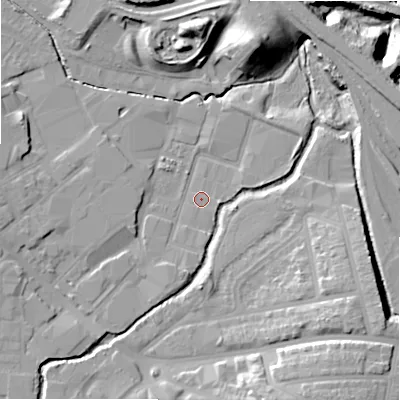 Shaded relief map of the ground around B112LQ, computed from Environment Agency LiDAR. The ground here sits at about 111 m above sea level and falls 20 m across the surrounding 800 m. Surface water reaching this point runs off ground lying to the east-north-east, 2.6 m higher.