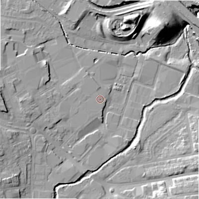 Shaded relief map of the ground around B112LR, computed from Environment Agency LiDAR. The ground here sits at about 113 m above sea level and falls 20 m across the surrounding 800 m. Surface water reaching this point runs off ground lying to the west, 0.6 m higher.