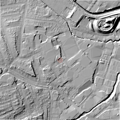 Shaded relief map of the ground around B112NN, computed from Environment Agency LiDAR. The ground here sits at about 113 m above sea level and falls 18 m across the surrounding 800 m. Surface water reaching this point runs off ground lying to the west-south-west, 4.2 m higher.