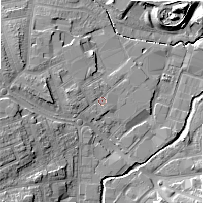 Shaded relief map of the ground around B112NR, computed from Environment Agency LiDAR. The ground here sits at about 114 m above sea level and falls 17 m across the surrounding 800 m. Surface water reaching this point runs off ground lying to the west-north-west, 3.5 m higher.