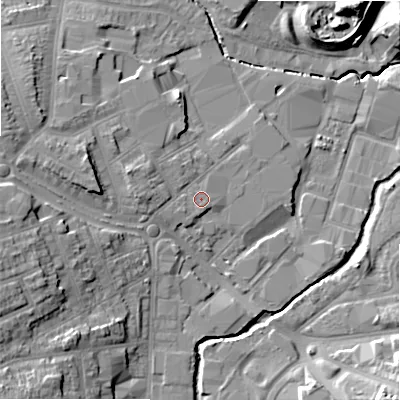 Shaded relief map of the ground around B112NS, computed from Environment Agency LiDAR. The ground here sits at about 114 m above sea level and falls 17 m across the surrounding 800 m. Surface water reaching this point runs off ground lying to the west-south-west, 0.6 m higher.
