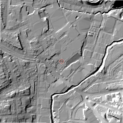 Shaded relief map of the ground around B112NT, computed from Environment Agency LiDAR. The ground here sits at about 112 m above sea level and falls 18 m across the surrounding 800 m. Surface water reaching this point runs off ground lying to the west-north-west, 2.7 m higher.