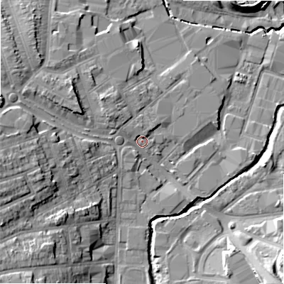 Shaded relief map of the ground around B112NU, computed from Environment Agency LiDAR. The ground here sits at about 113 m above sea level and falls 18 m across the surrounding 800 m. Surface water reaching this point runs off ground lying to the west, 13.0 m higher.