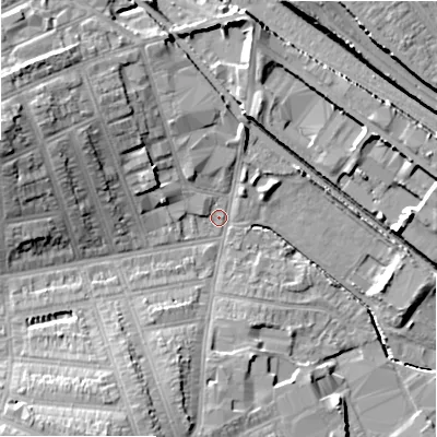 Shaded relief map of the ground around B112PH, computed from Environment Agency LiDAR. The ground here sits at about 113 m above sea level and falls 19 m across the surrounding 800 m. Surface water reaching this point runs off ground lying to the west-north-west, 13.7 m higher.