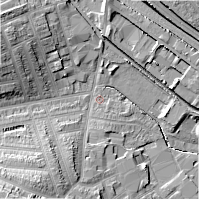 Shaded relief map of the ground around B112PY, computed from Environment Agency LiDAR. The ground here sits at about 113 m above sea level and falls 18 m across the surrounding 800 m. Surface water reaching this point runs off ground lying to the south, 1.5 m higher.