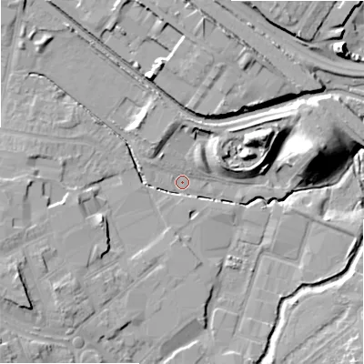 Shaded relief map of the ground around B112PZ, computed from Environment Agency LiDAR. The ground here sits at about 111 m above sea level and falls 20 m across the surrounding 800 m. Surface water reaching this point runs off ground lying to the east-north-east, 16.3 m higher.