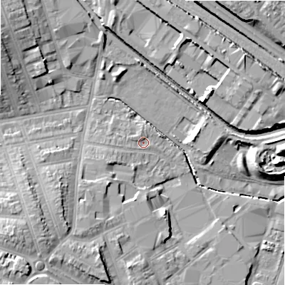 Shaded relief map of the ground around B112QA, computed from Environment Agency LiDAR. The ground here sits at about 113 m above sea level and falls 18 m across the surrounding 800 m. Surface water reaching this point runs off ground lying to the north-north-west, 1.1 m higher.