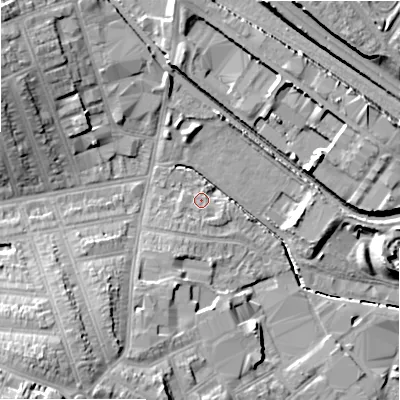 Shaded relief map of the ground around B112QB, computed from Environment Agency LiDAR. The ground here sits at about 113 m above sea level and falls 18 m across the surrounding 800 m. Surface water reaching this point runs off ground lying to the south-south-west, 2.6 m higher.