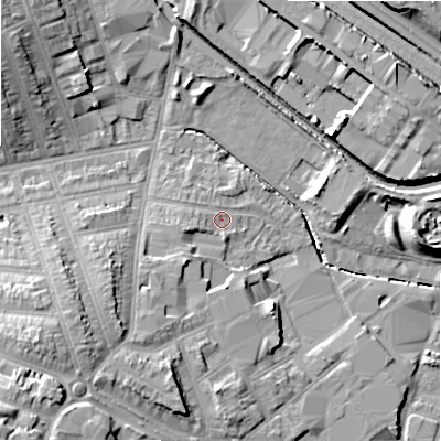 Shaded relief map of the ground around B112QD, computed from Environment Agency LiDAR. The ground here sits at about 114 m above sea level and falls 18 m across the surrounding 800 m. Surface water reaching this point runs off ground lying to the west-south-west, 1.5 m higher.