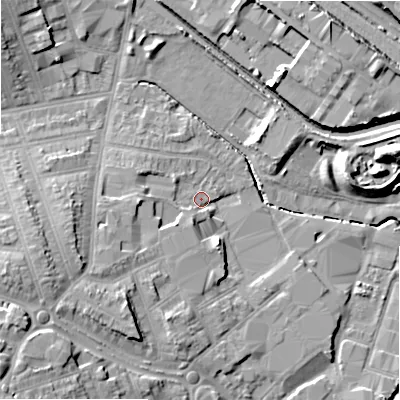 Shaded relief map of the ground around B112QE, computed from Environment Agency LiDAR. The ground here sits at about 113 m above sea level and falls 18 m across the surrounding 800 m. Surface water reaching this point runs off ground lying to the south-west, 3.8 m higher.