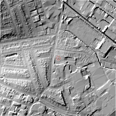 Shaded relief map of the ground around B112QG, computed from Environment Agency LiDAR. The ground here sits at about 115 m above sea level and falls 19 m across the surrounding 800 m. Surface water reaching this point runs off ground lying to the south, 1.8 m higher.