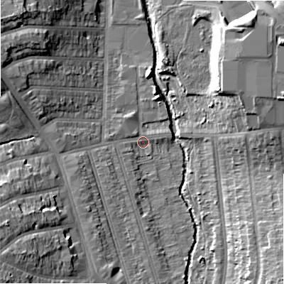 Shaded relief map of the ground around B113AP, computed from Environment Agency LiDAR. The ground here sits at about 114 m above sea level and falls 18 m across the surrounding 800 m. Surface water reaching this point runs off ground lying to the south-south-west, 4.8 m higher.