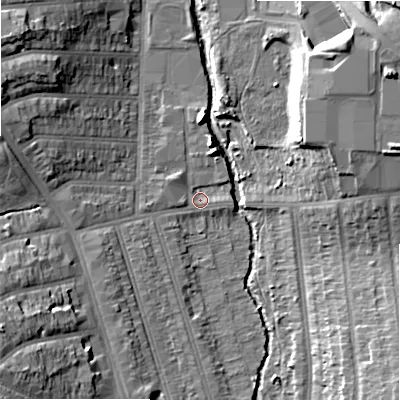 Shaded relief map of the ground around B113AR, computed from Environment Agency LiDAR. The ground here sits at about 113 m above sea level and falls 17 m across the surrounding 800 m. Surface water reaching this point runs off ground lying to the south-south-west, 4.1 m higher.