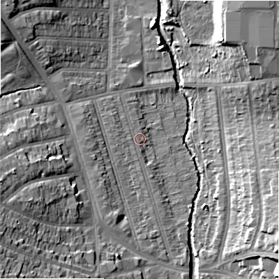 Shaded relief map of the ground around B113AW, computed from Environment Agency LiDAR. The ground here sits at about 115 m above sea level and falls 22 m across the surrounding 800 m. Surface water reaching this point runs off ground lying to the south-south-west, 3.0 m higher.