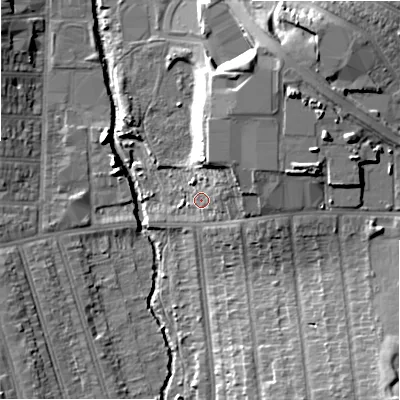 Shaded relief map of the ground around B113AX, computed from Environment Agency LiDAR. The ground here sits at about 116 m above sea level and falls 18 m across the surrounding 800 m. Surface water reaching this point runs off ground lying to the east-north-east, 8.6 m higher.