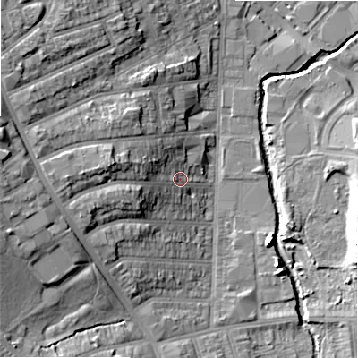 Shaded relief map of the ground around B113JU, computed from Environment Agency LiDAR. The ground here sits at about 116 m above sea level and falls 21 m across the surrounding 800 m. Surface water reaching this point runs off ground lying to the west, 10.9 m higher.