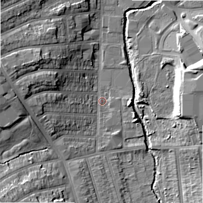 Shaded relief map of the ground around B113LG, computed from Environment Agency LiDAR. The ground here sits at about 113 m above sea level and falls 18 m across the surrounding 800 m. Surface water reaching this point runs off ground lying to the south-west, 14.5 m higher.