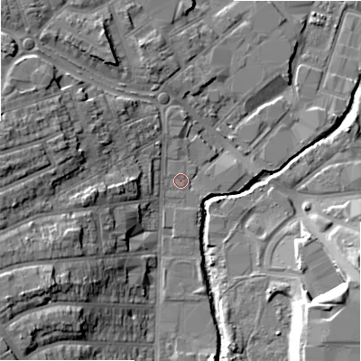 Shaded relief map of the ground around B113ND, computed from Environment Agency LiDAR. The ground here sits at about 113 m above sea level and falls 17 m across the surrounding 800 m. Surface water reaching this point runs off ground lying to the north-west, 6.9 m higher.