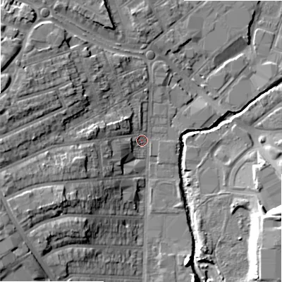 Shaded relief map of the ground around B113NQ, computed from Environment Agency LiDAR. The ground here sits at about 113 m above sea level and falls 18 m across the surrounding 800 m. Surface water reaching this point runs off ground lying to the west-north-west, 14.8 m higher.
