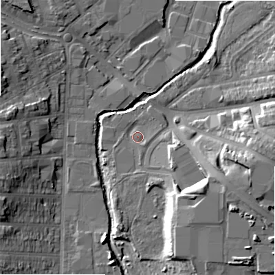 Shaded relief map of the ground around B113RF, computed from Environment Agency LiDAR. The ground here sits at about 113 m above sea level and falls 16 m across the surrounding 800 m. Surface water reaching this point runs off ground lying to the south-east, 12.5 m higher.