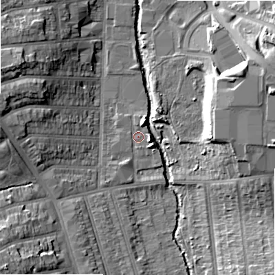Shaded relief map of the ground around B113TA, computed from Environment Agency LiDAR. The ground here sits at about 113 m above sea level and falls 16 m across the surrounding 800 m. Surface water reaching this point runs off ground lying to the north-north-east, 5.2 m higher.
