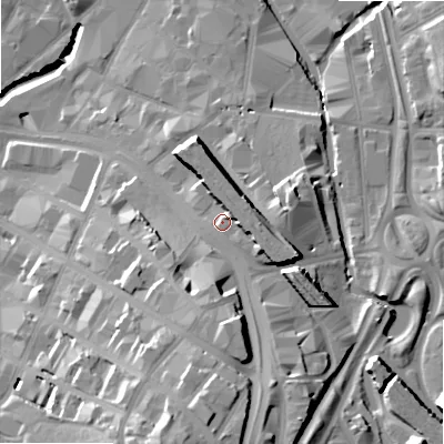 Shaded relief map of the ground around B120JU, computed from Environment Agency LiDAR. The ground here sits at about 115 m above sea level and falls 33 m across the surrounding 800 m. Surface water reaching this point runs off ground lying to the east-south-east, 4.7 m higher.