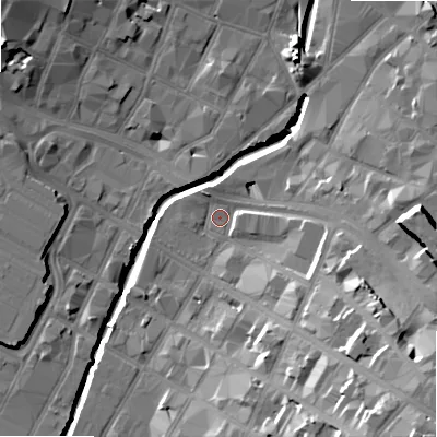 Shaded relief map of the ground around B120LN, computed from Environment Agency LiDAR. The ground here sits at about 103 m above sea level and falls 30 m across the surrounding 800 m. Surface water reaching this point runs off ground lying to the south-east, 22.4 m higher.