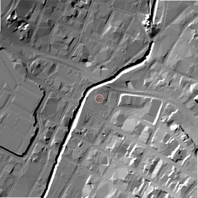 Shaded relief map of the ground around B120LX, computed from Environment Agency LiDAR. The ground here sits at about 104 m above sea level and falls 29 m across the surrounding 800 m. The ground contributing surface water to this point lies to the west.