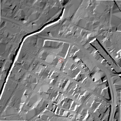 Shaded relief map of the ground around B120NB, computed from Environment Agency LiDAR. The ground here sits at about 110 m above sea level and falls 33 m across the surrounding 800 m. Surface water reaching this point runs off ground lying to the south-east, 17.4 m higher.