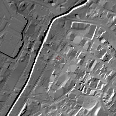 Shaded relief map of the ground around B120PG, computed from Environment Agency LiDAR. The ground here sits at about 105 m above sea level and falls 33 m across the surrounding 800 m. Surface water reaching this point runs off ground lying to the south-east, 20.3 m higher.