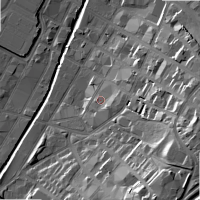 Shaded relief map of the ground around B120QR, computed from Environment Agency LiDAR. The ground here sits at about 108 m above sea level and falls 33 m across the surrounding 800 m. Surface water reaching this point runs off ground lying to the east-south-east, 3.9 m higher.
